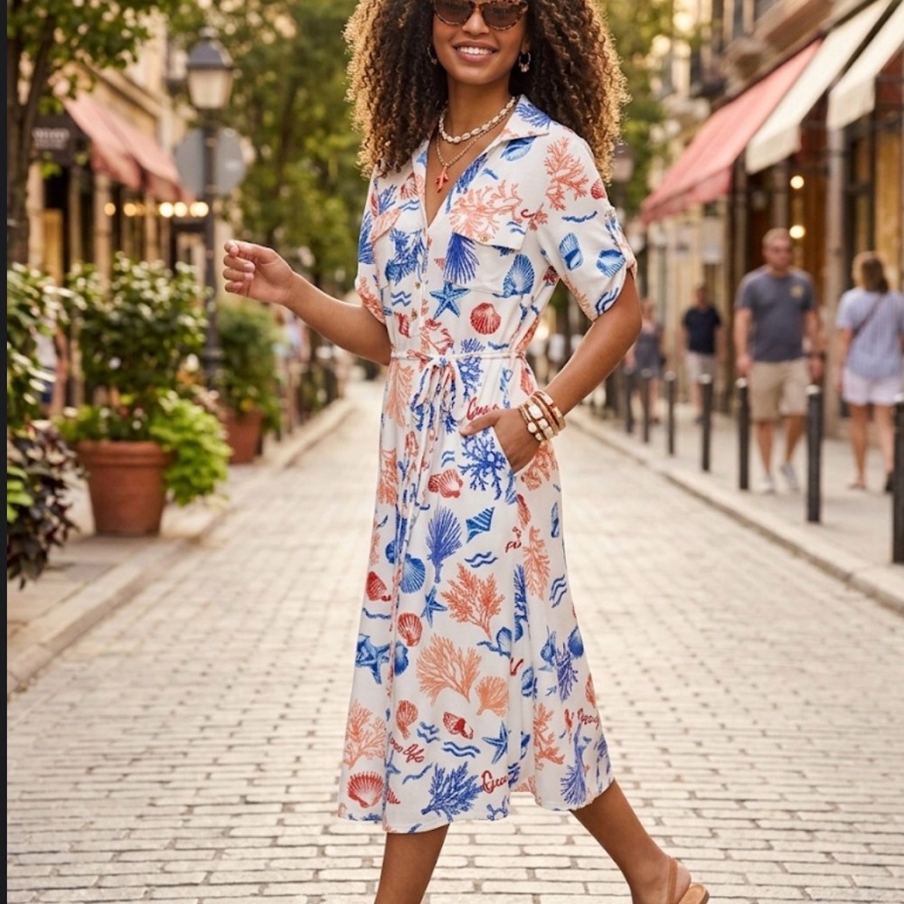 Love Coral & Blue Shell-Print Midi Shirt Dress